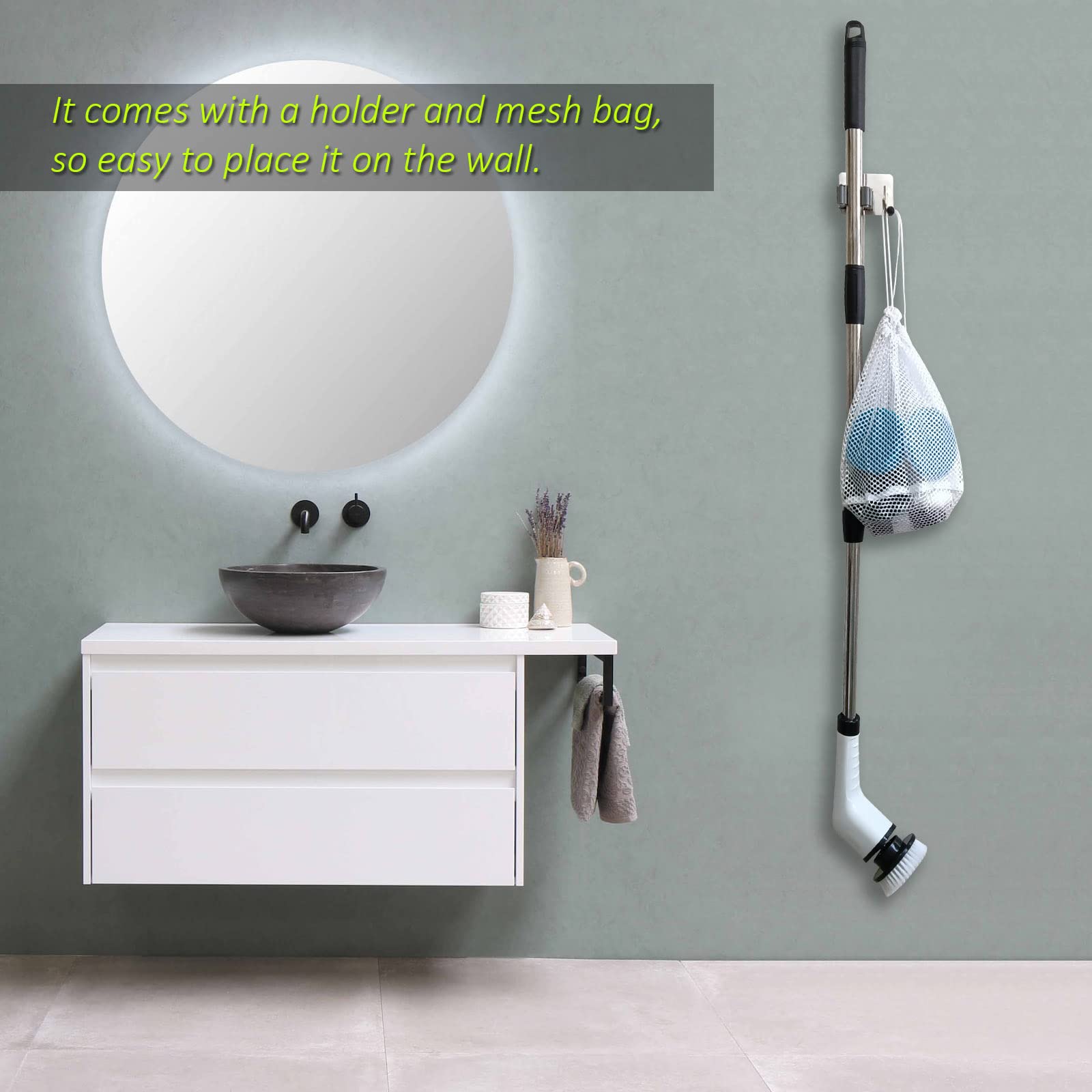 ZLPMARY Electric Spin Scrubber  Cordless Bath Tub Power Scrubber with 8 Replaceable Drill Brush Heads  Shower Cleaning Brush with Adjustable Handle for Bathroom  Tile Floor & Car  White  (ANS-8050)