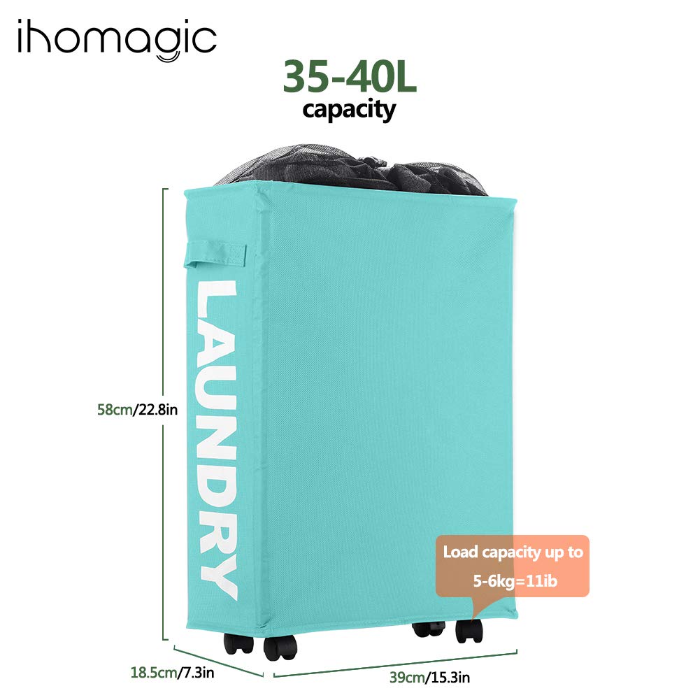 Ihomagic Laundry Basket With Wheel, Slim Laundry Storage Hamper Corner Storage Bag Collapsible Hamper Flexible Handle Laundry Ba