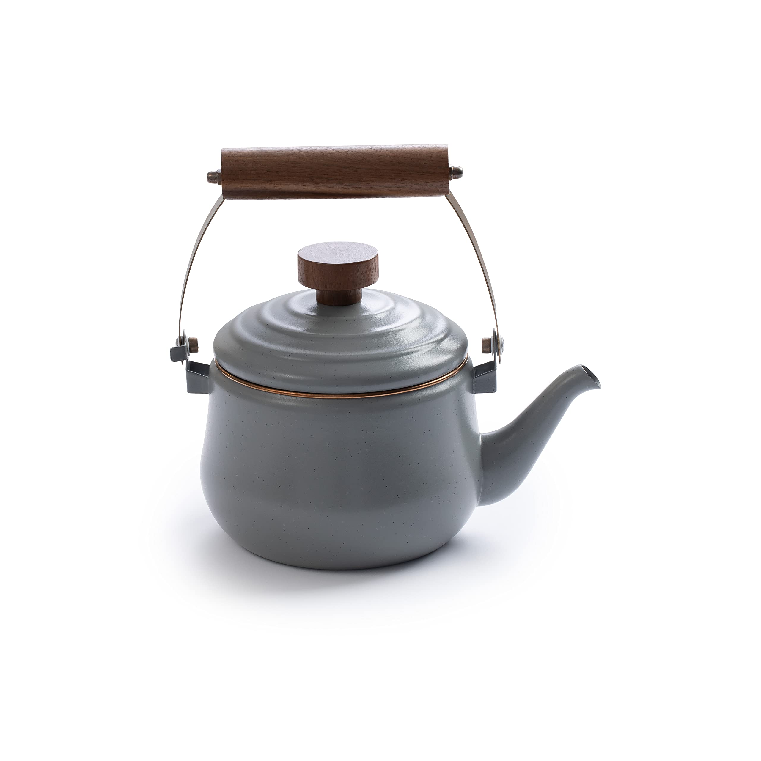 Barebones Enamel Teapot - Vintage Inspired Design - Baked Stainless Steel Rim - Fsc Certified Natural Walnut Handle Tea Kettle -