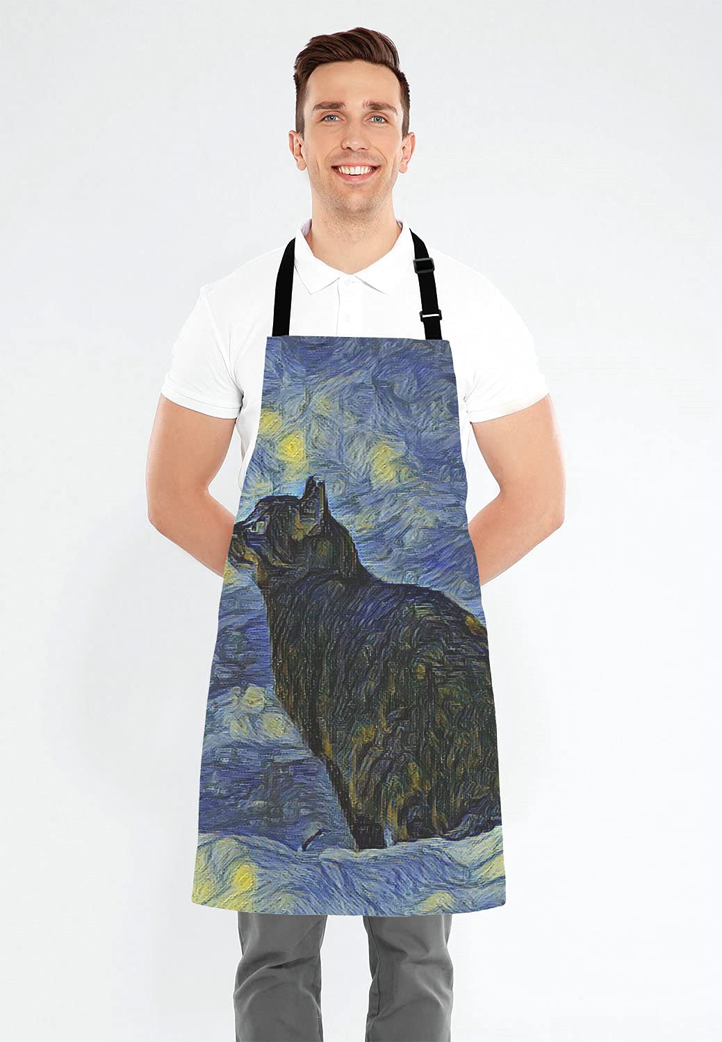 Van Gogh Apron For Women And Men, Oil Painting Galaxy Cat Adjustable Kitchen Chef Apron For Cooking Baking - Cute Birthday, Anni