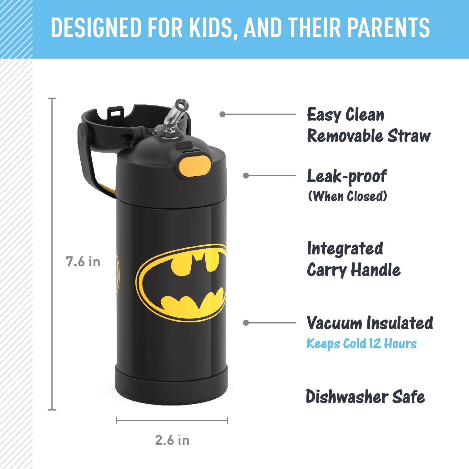 Thermos Funtainer Water Bottle With Straw - 12 Ounce, Batman - Kids Stainless Steel Vacuum Insulated Water Bottle With Lid