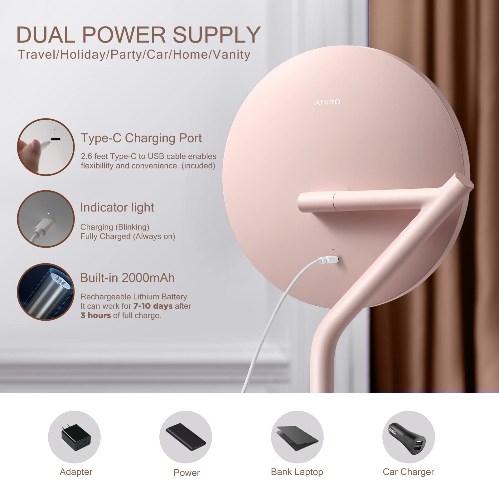 AMIRO Professional 8 LED Lighted Makeup Mirror with 5-Level Brightness, with 5X Magnifying Small Mirror, Tabletop Rechargeable C