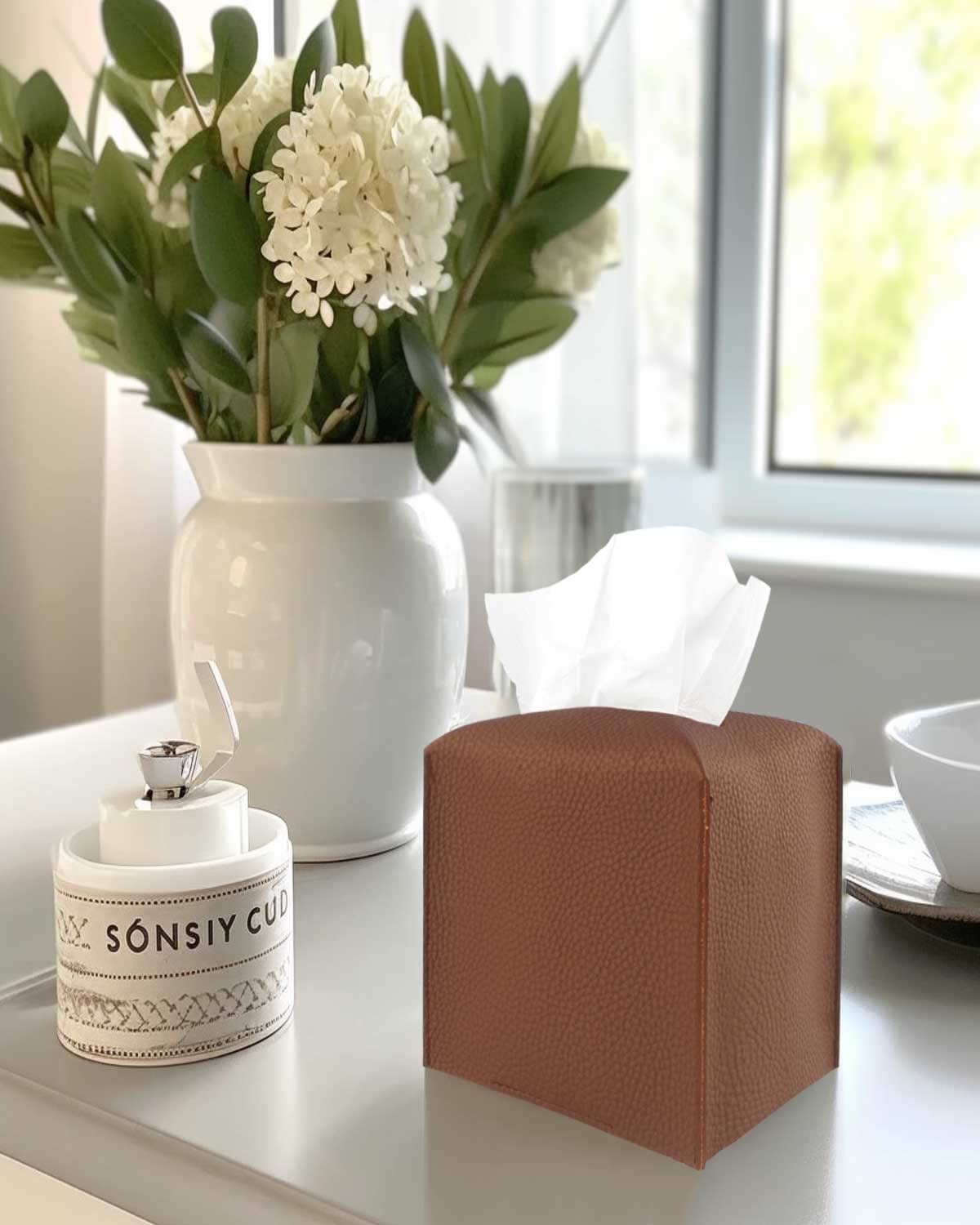Leather Tissue Box Cover Square - [Jesmini, Brown] Modern Pu Leather Cube Tissue Box Holder Decorative For Bathroom Vanity Count