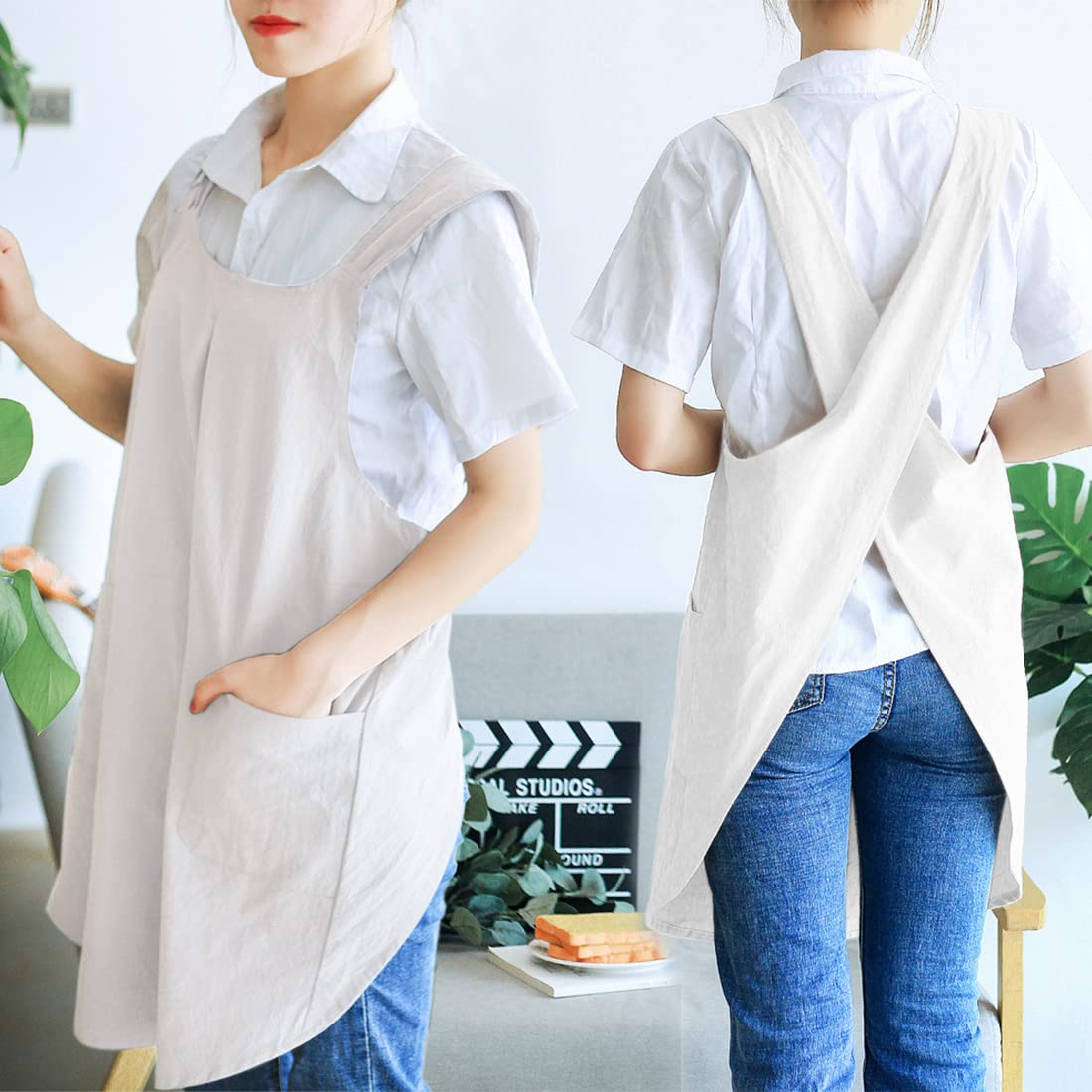 Newgem Japanese Linen Cross Back Kitchen Cooking Aprons For Men With Pockets For Baking Painting Gardening Cleaning White