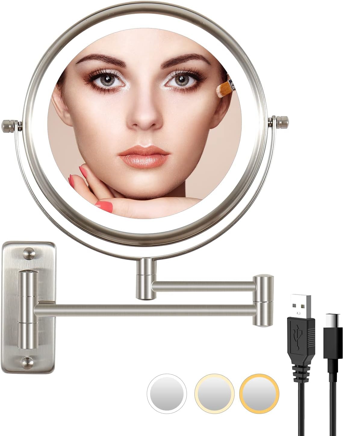Lansi Rechargeable Lighted Makeup Mirror, 10X Magnifying Mirror, 3 Color Lights, Touch Screen Dimming, 360 Extendable Arm Wall M