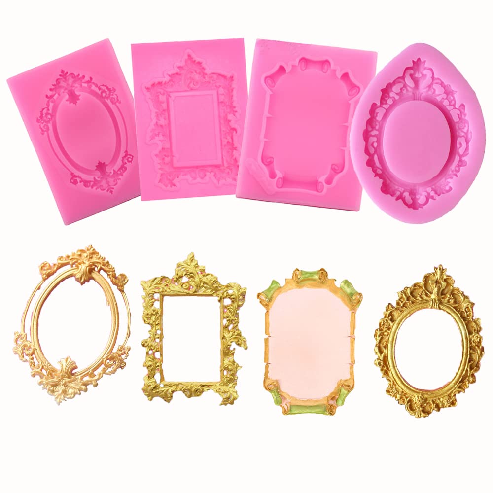 4Pcs Baroque Style Curlicues Scroll Lace Photo Frame Silicone Molds For Diy Fondant Candy Making Chocolate Mold Desserts Gum Cla