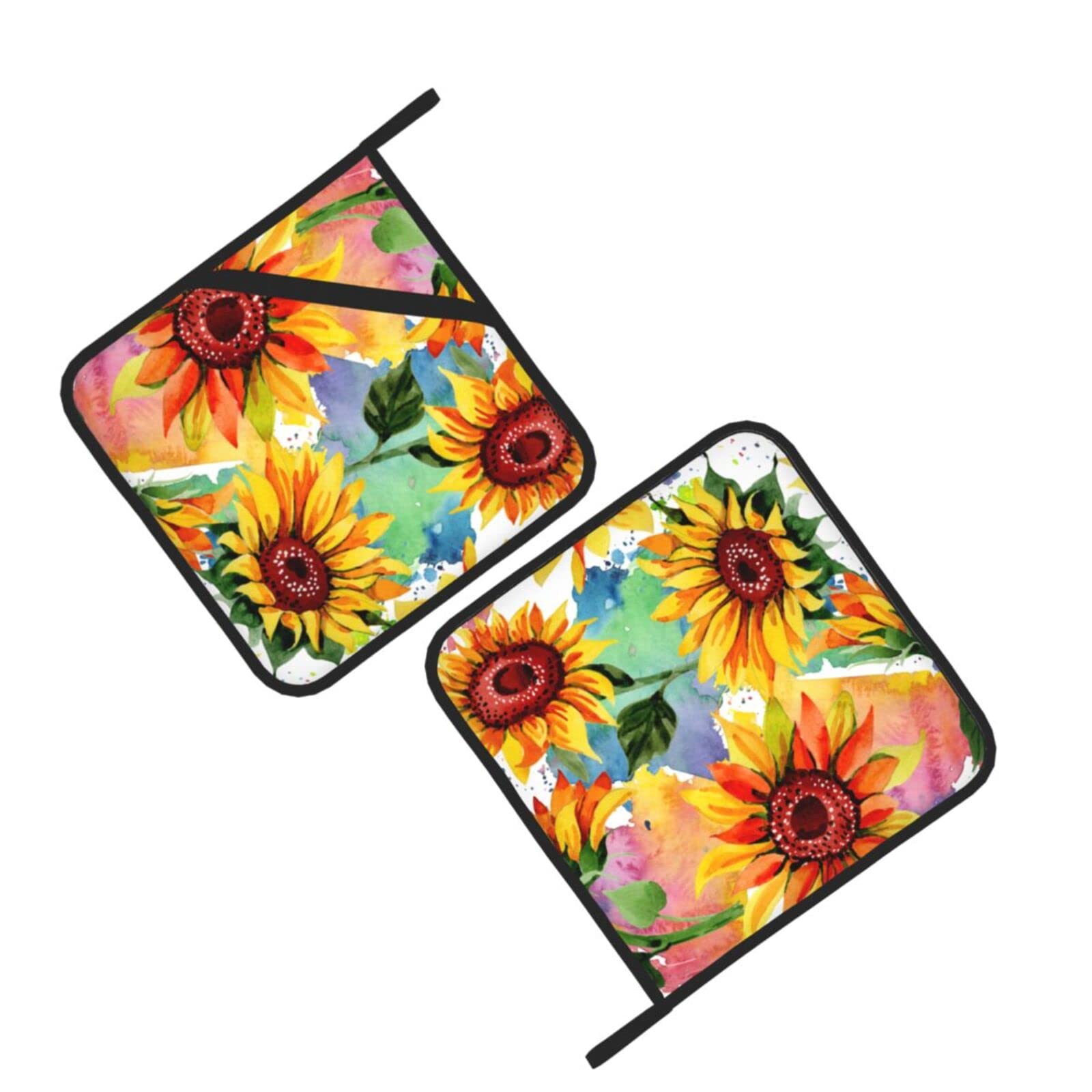 Colorful Sunflower Pot Holders Set Of 2 Heat Resistant & Non Slip Potholders, Watercolor Art Style Fire Oven Hot Pads For Kitche