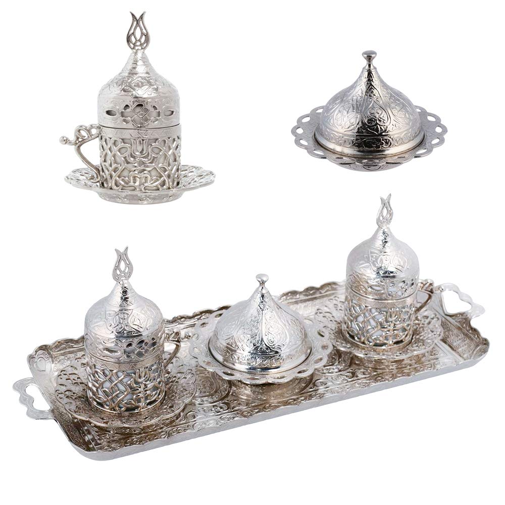 Alisveristime Turkish Coffee Set For Two - Authentic Ottoman Style Cups, Saucers, And Serving Tray With Lale Motifs (Acur) (Silv