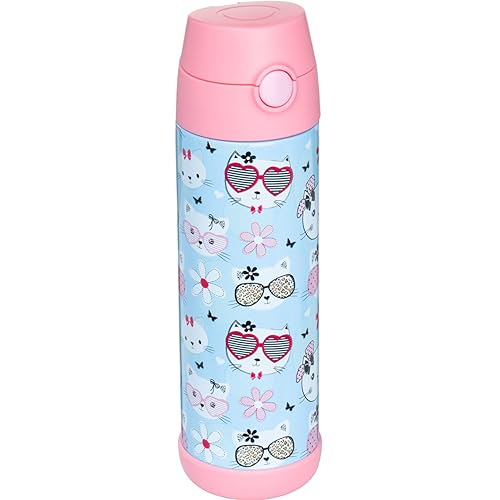 Snug Kids Water Bottle - Insulated Stainless Steel Thermos With Straw (Girlsboys) - Kitty, 17Oz