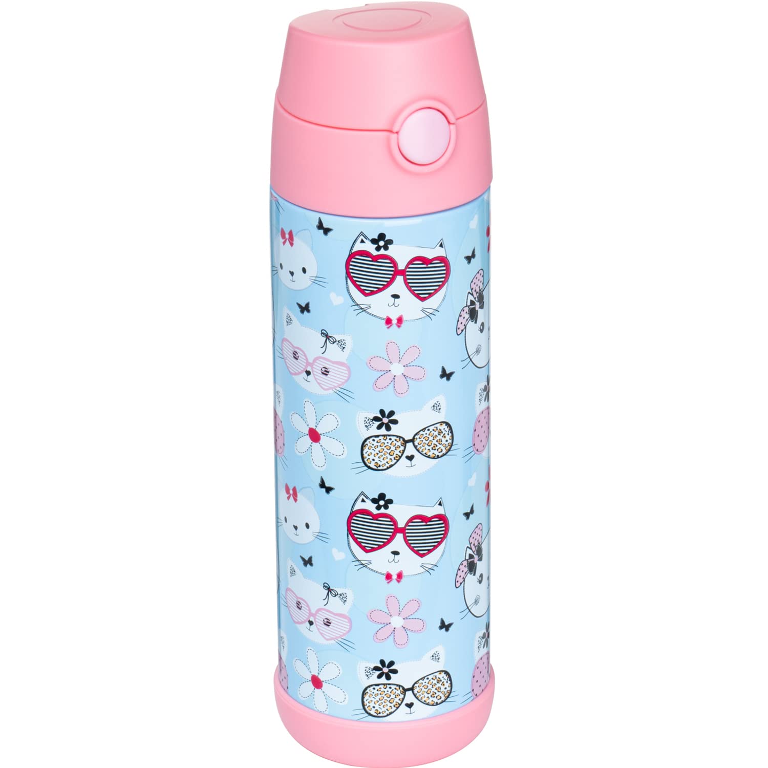Snug Kids Water Bottle - Insulated Stainless Steel Thermos With Straw (Girlsboys) - Kitty, 17Oz