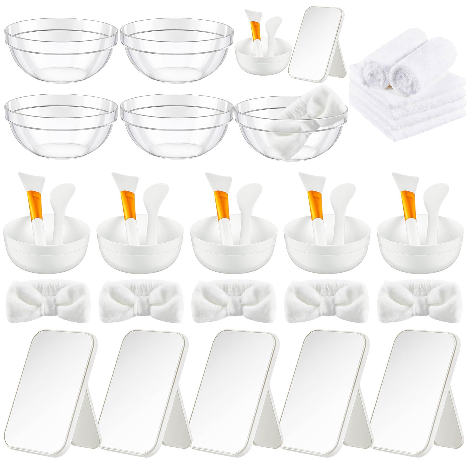 Teenyyou 6 Set White Spa Party Supplies for Girls Women Include Facial Mask Bowl with Stick Spatula Silicone Brush Mirror Headba