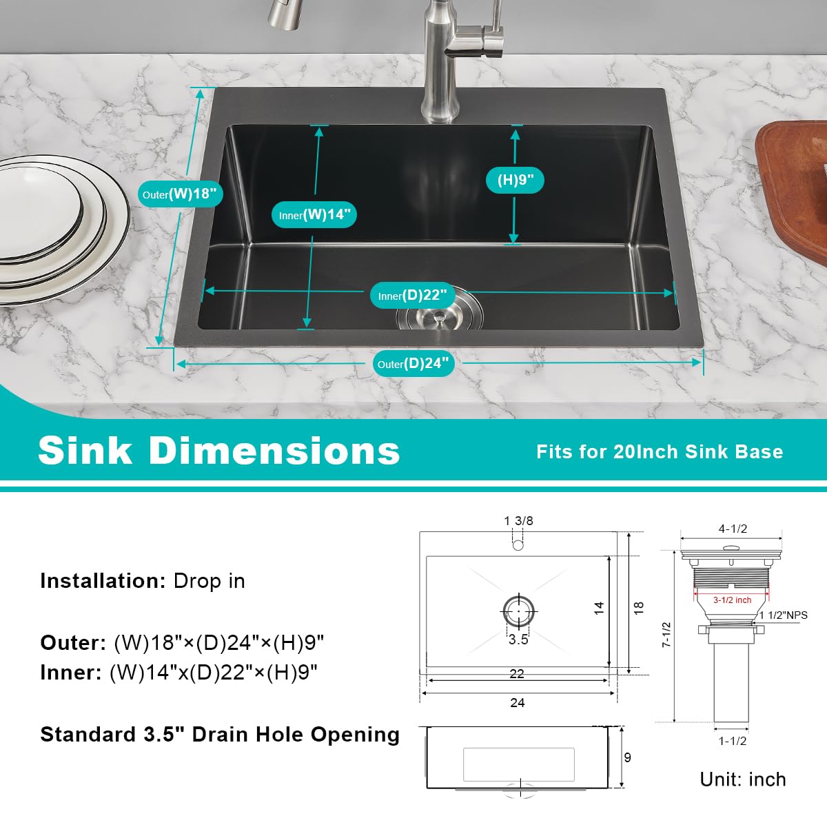 Tsibomu 24 Inch Drop In Kitchen Sink Black, 24X18 Inch Single Hole Kitchen Sink Topmount 18 Gauge Stainless Steel Single Bowl Ki