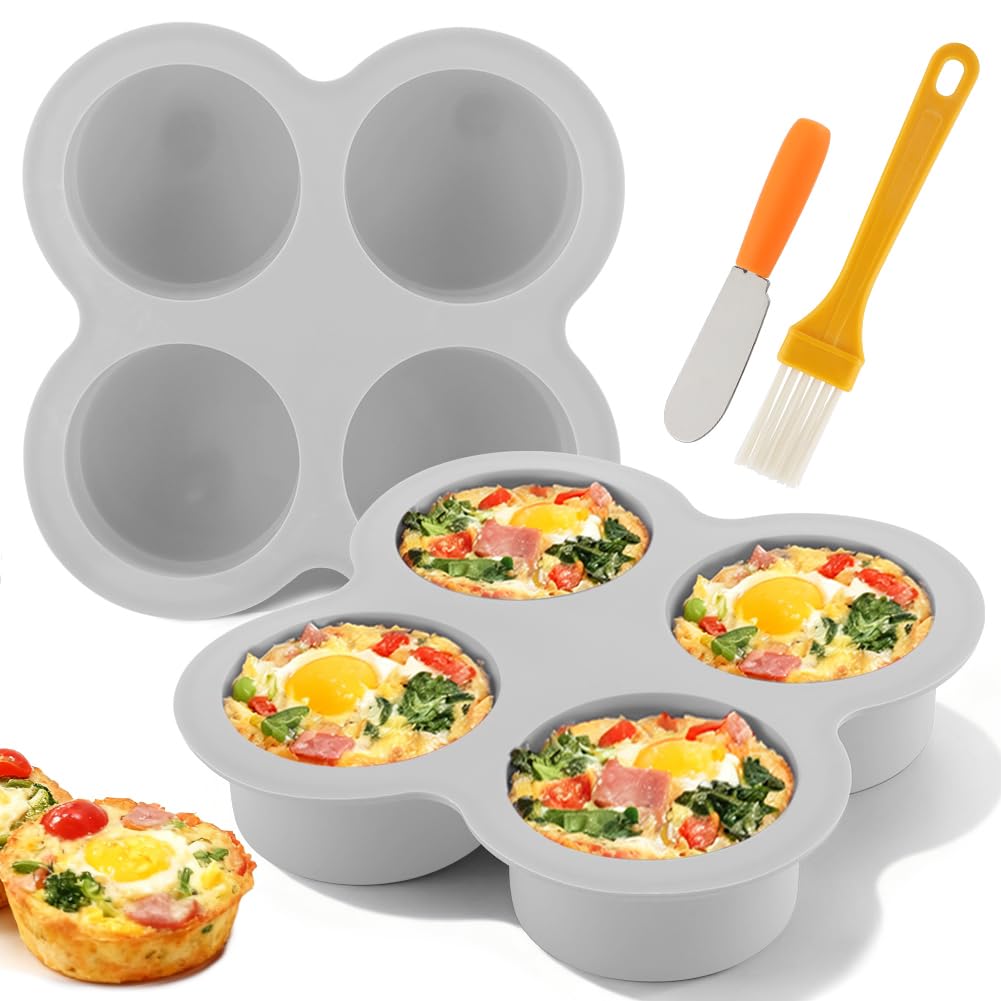 2 Pack Silicone Egg Bite Molds with 1 Spatula & 1 Brush, 4 Cups Silicone Air Fryer Baking Pan NonStick for Egg Bites, Cupcake, 