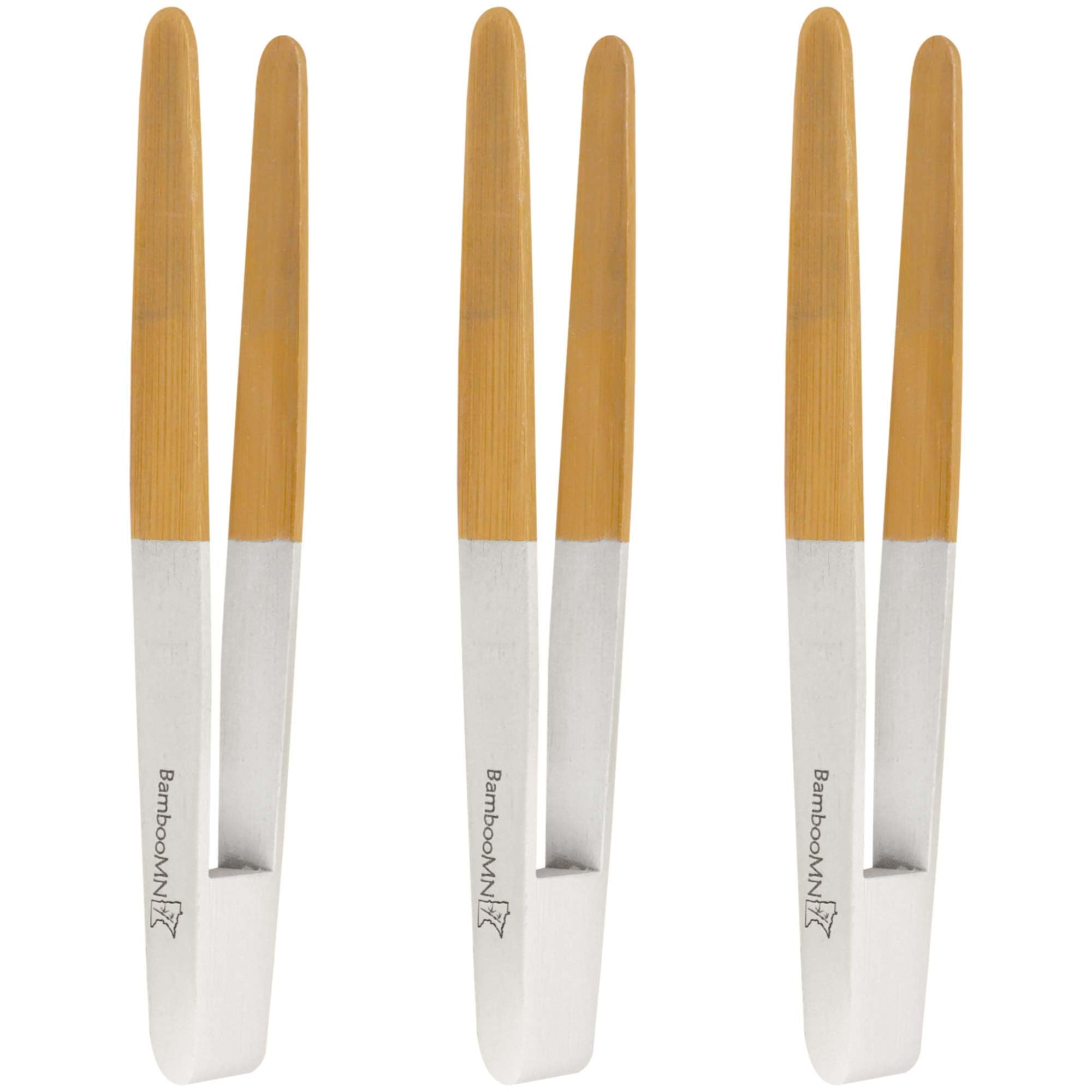 Bamboomn Premium 7.9'' Reusable Bamboo Kitchen ''A'' Toast Tongs For Cooking & Holding - White - 3 Pieces