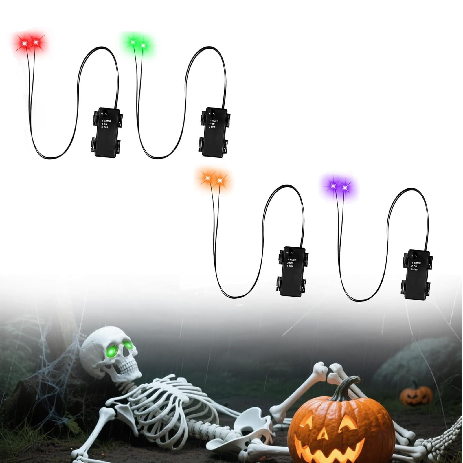 Halloween LED Glowing Eyes with Timer, 2 Pack Light Up Skeleton Eyes for DIY Horror Props, Masks, Pumpkins, Tombstones (4PC - Ye