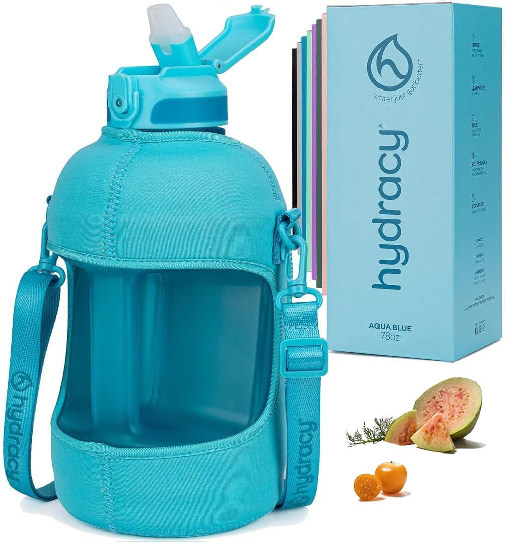Hydracy Water Bottle with Storage Sleeve and Straw - Large Half Gallon 78 oz BPA Free Motivational Jug with Handle & Time Marker