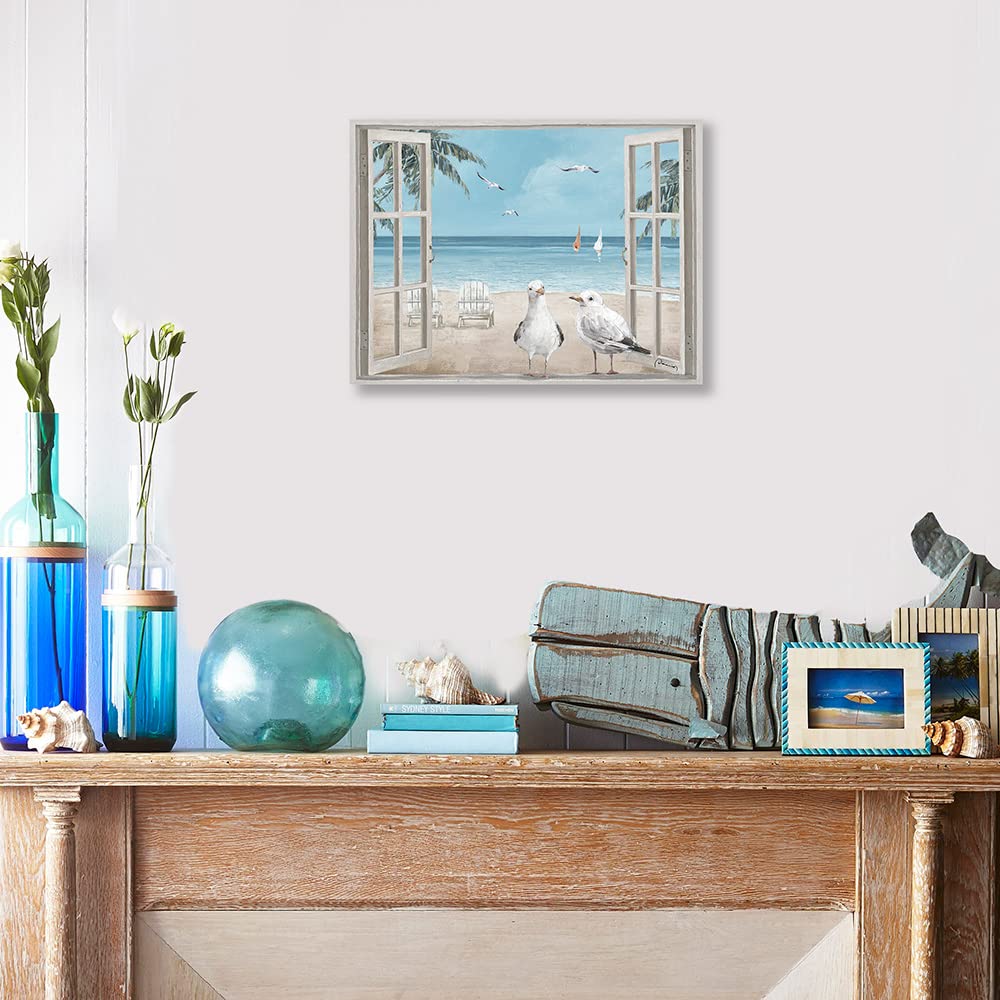Forjoy Beach View With Window Art Coastal Bird Pictures Window View Canvas Wall Art Window Beach Poster Beach Window Wall Art Se