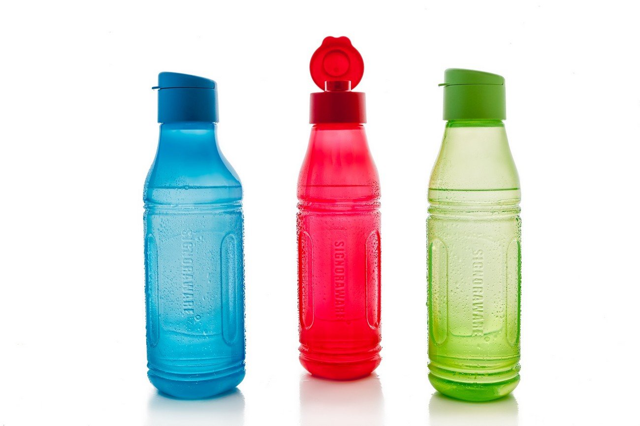 Signoraware Fliptop-Aqua Triangle Plastic Water Bottle Set, 500Ml/6Cm, Set Of 3, Multicolour