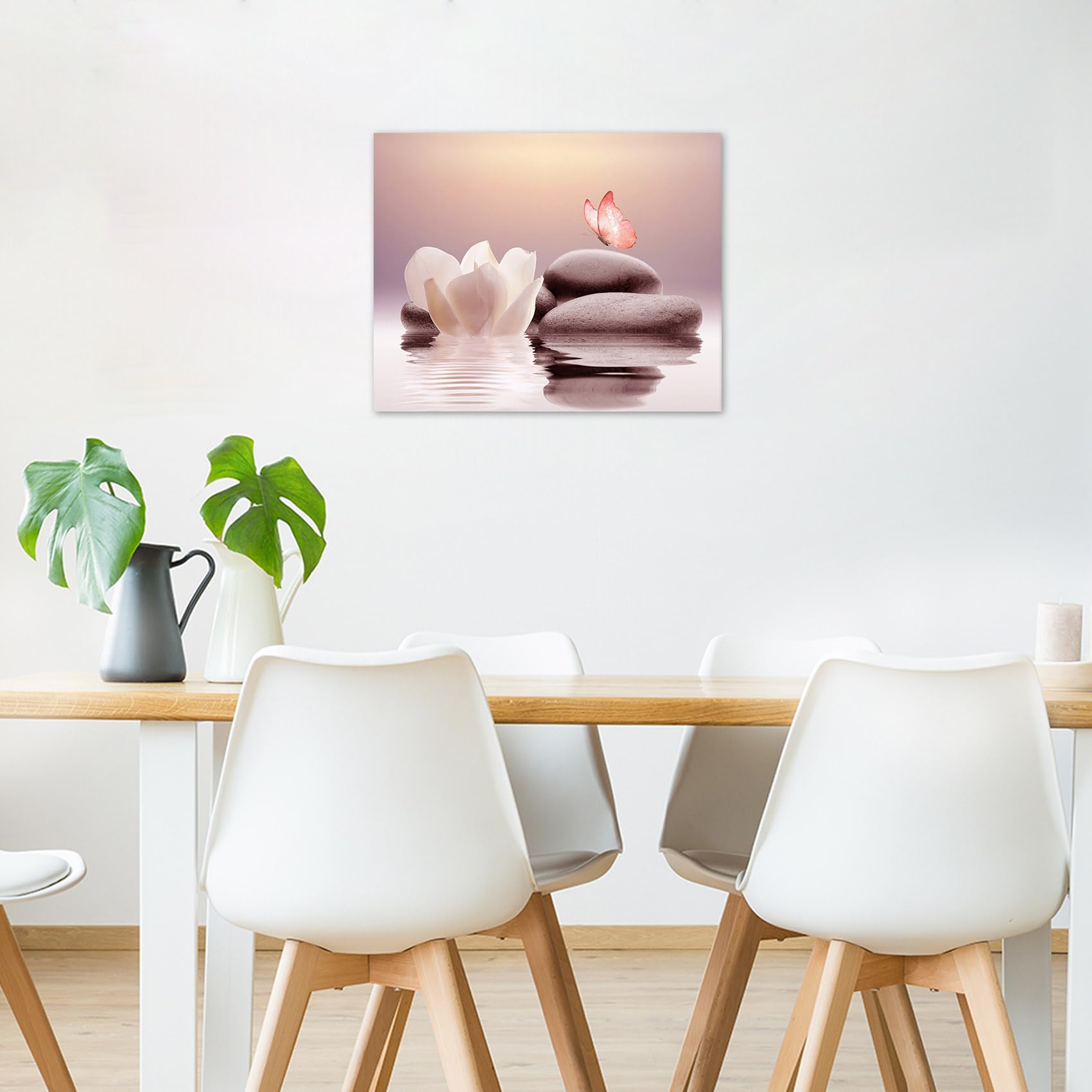 Eobtain Zen White Flower Canvas Wall Art Floral And Pink Butterfly On Stone Modern Framed Picture Yoga Spa Spiritual Painting Ar