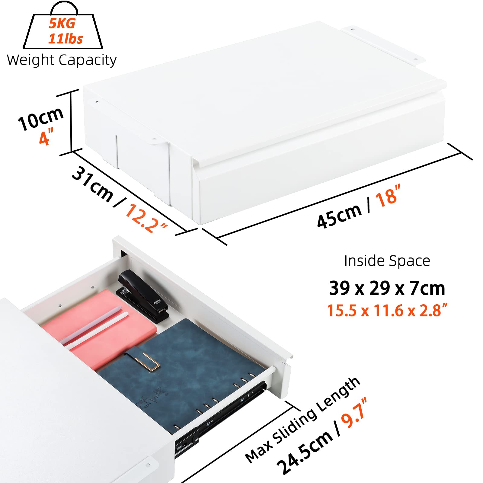 Osteed Under Desk Drawer 18'', Pull-Out Storage Organizer With Large Slide Extension Mounted Under Flat Wooden Table Or Workbenc