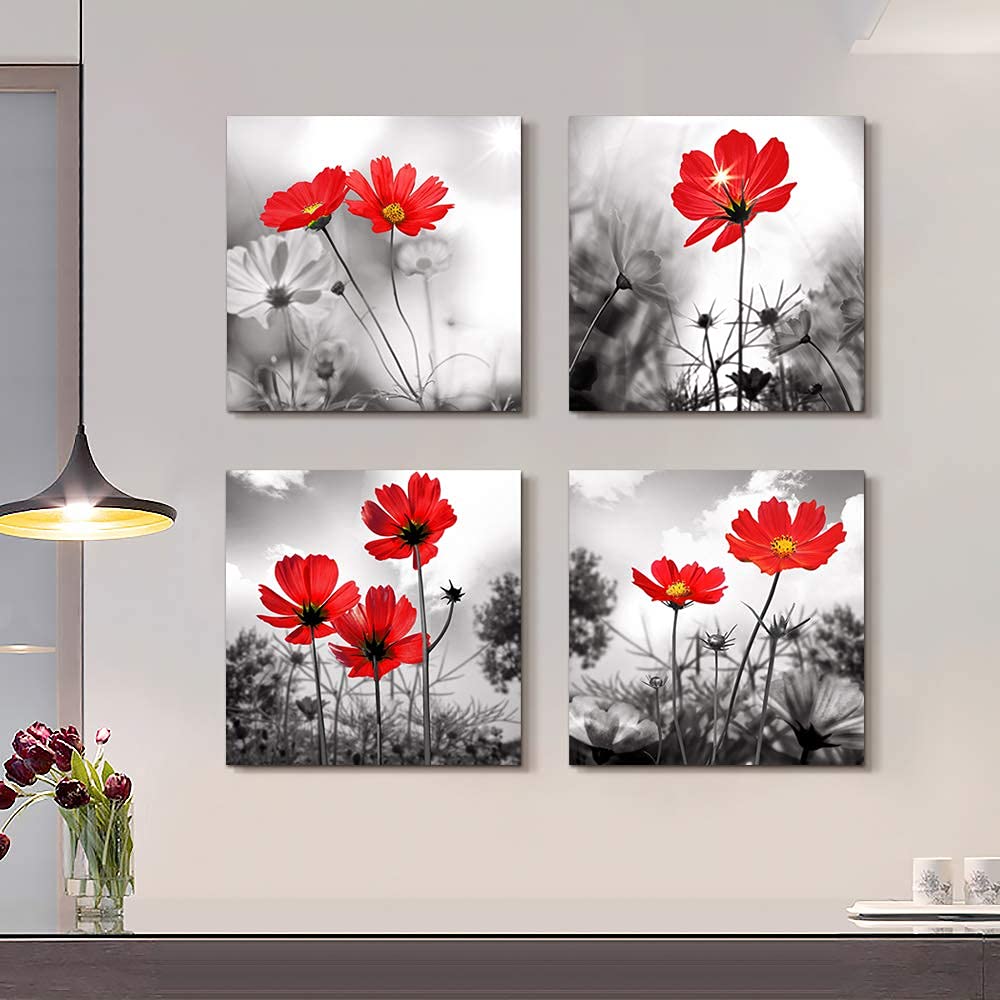 Wall Art 4Panel Modern Salon Theme Black And White Plant The Red Flower Flower Abstract Painting Still Life Canvas Wall Art For