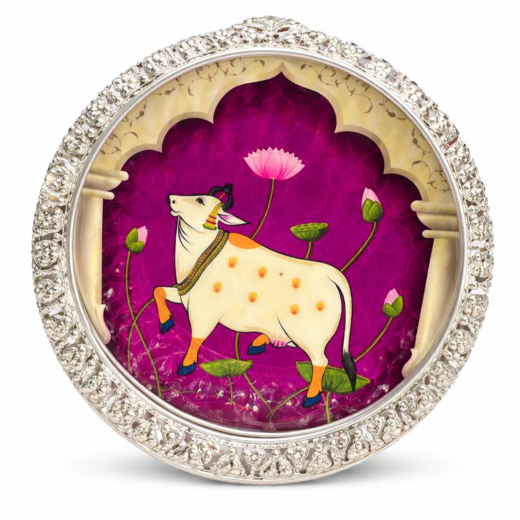 Design Magnifique German Silver Pichwai Tray Wedding Return Gift Set Diwali Puja (Purple, Silver: 8 Inch)