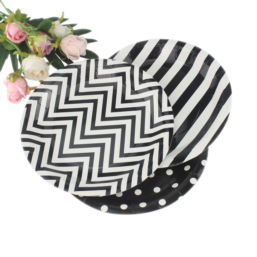 Dulousia Black Striped Polka Dot Chevron Paper Plates 36Pcs - 9Inch Round Party Plates For Dessert, Cakes, Fruits