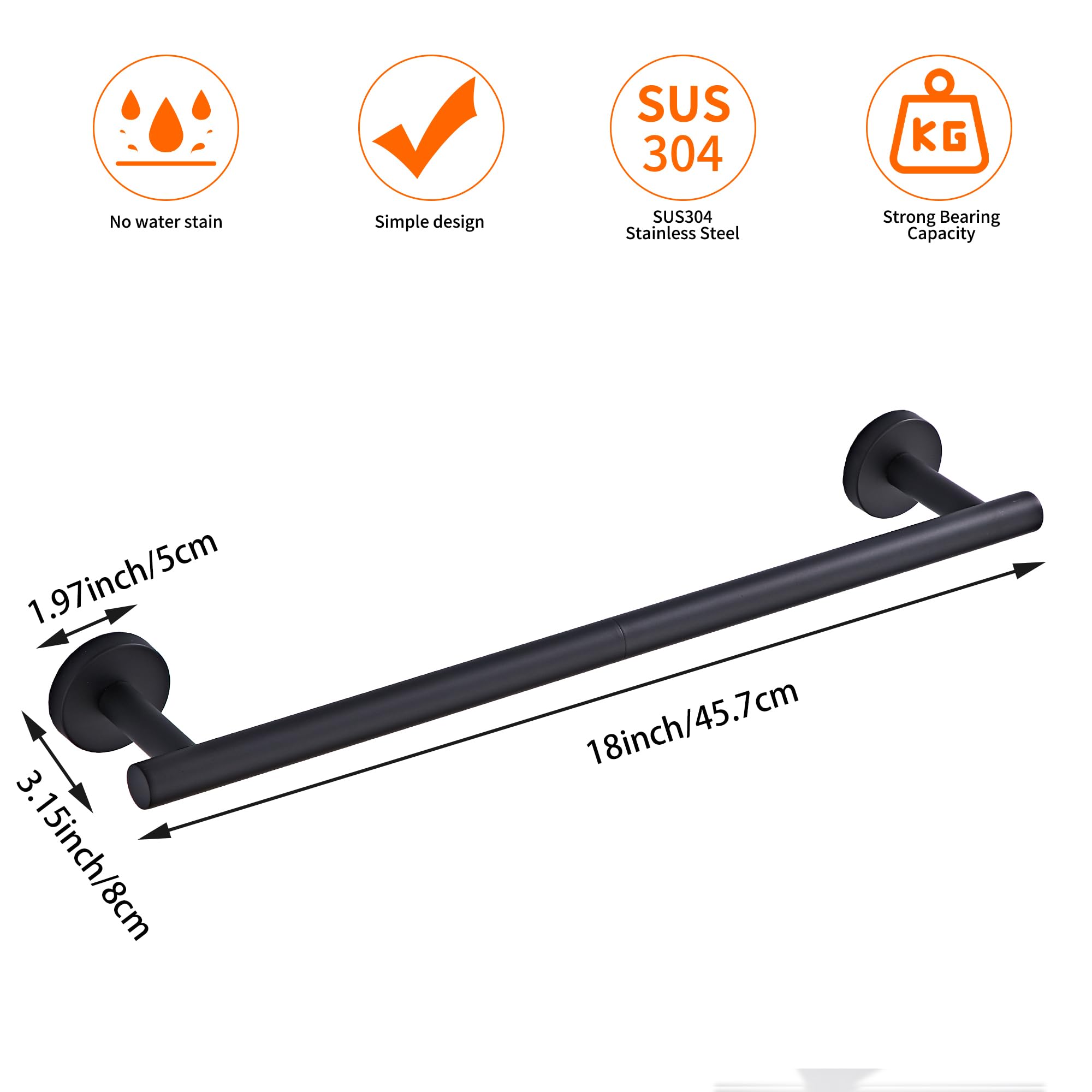 Bathroom Towel Bar, 18-Inch Towel Rack For Bathroom Wall Mounted, Matte Black Thicken Sus304 Stainless Steel Towel Rod Modern Ho
