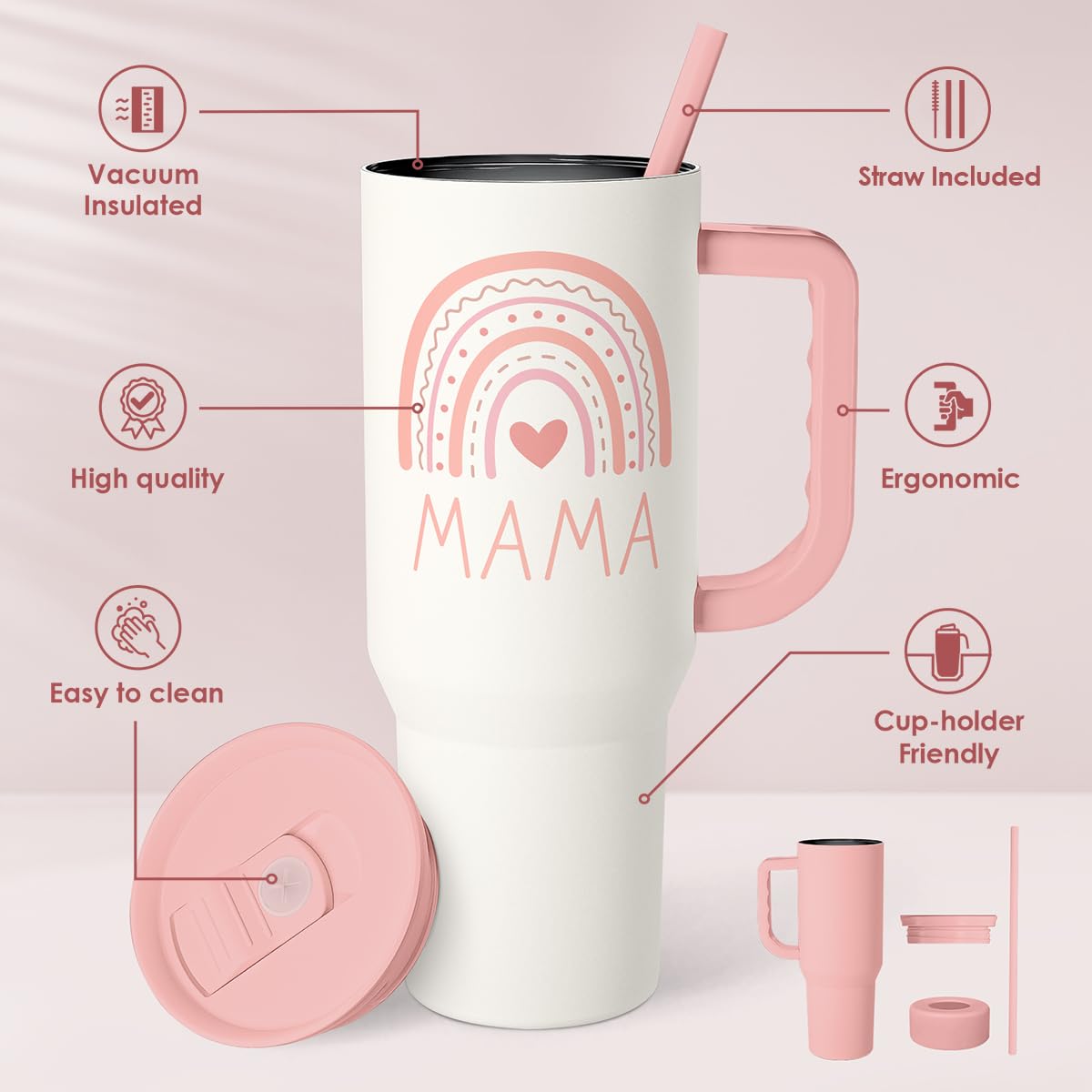 Gift for Mom from Daughter Son - Mama Insulated Stainless Steel Tumbler 40oz with Handle and Straw, Travel Coffee Mug for Mommy