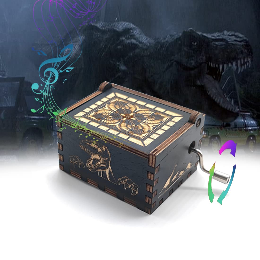 Bolunlun Jurassic music box, wooden hand-cranked music box, wooden toy for movie fans, gift for boyfriend and kids, perfect for 