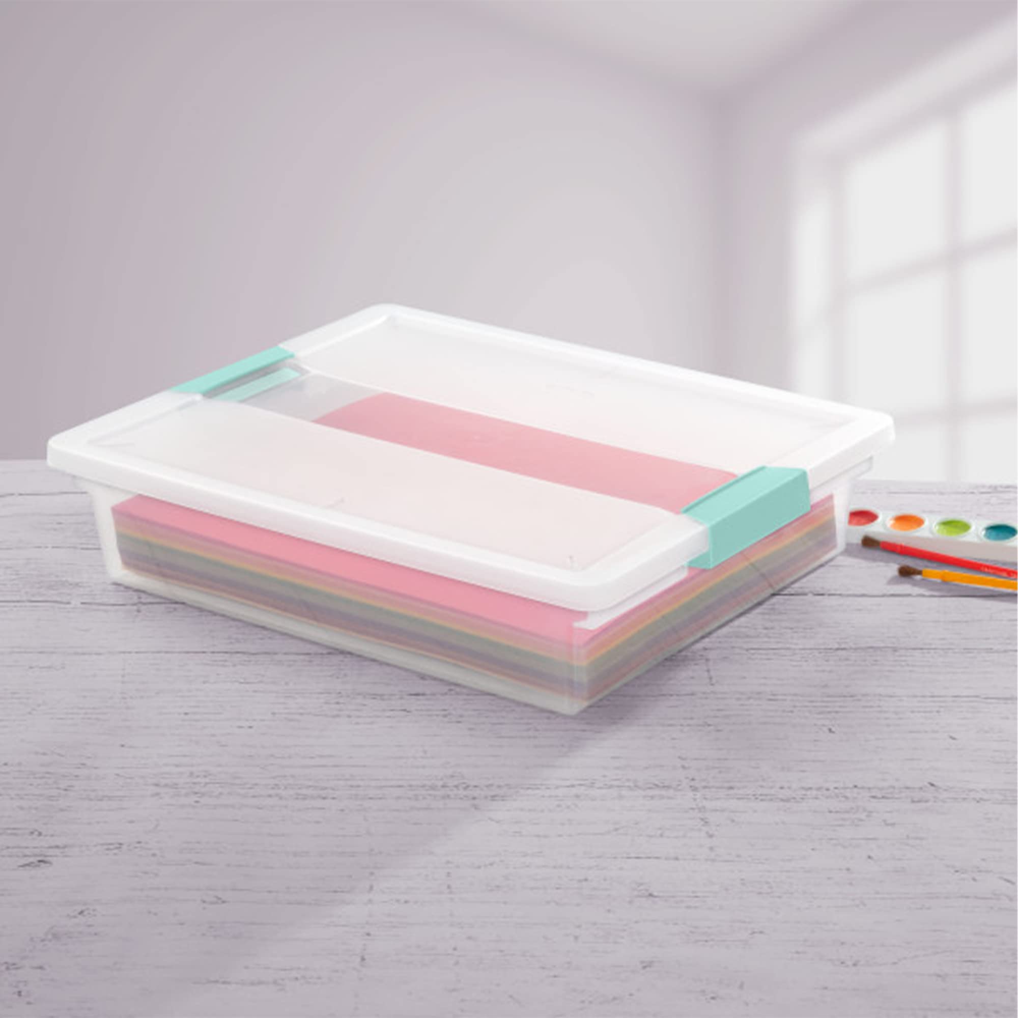Sterilite Clip Box, Stackable Small Storage Bin With Latching Lid, Plastic Container To Organize Office, Crafts, Clear Base And