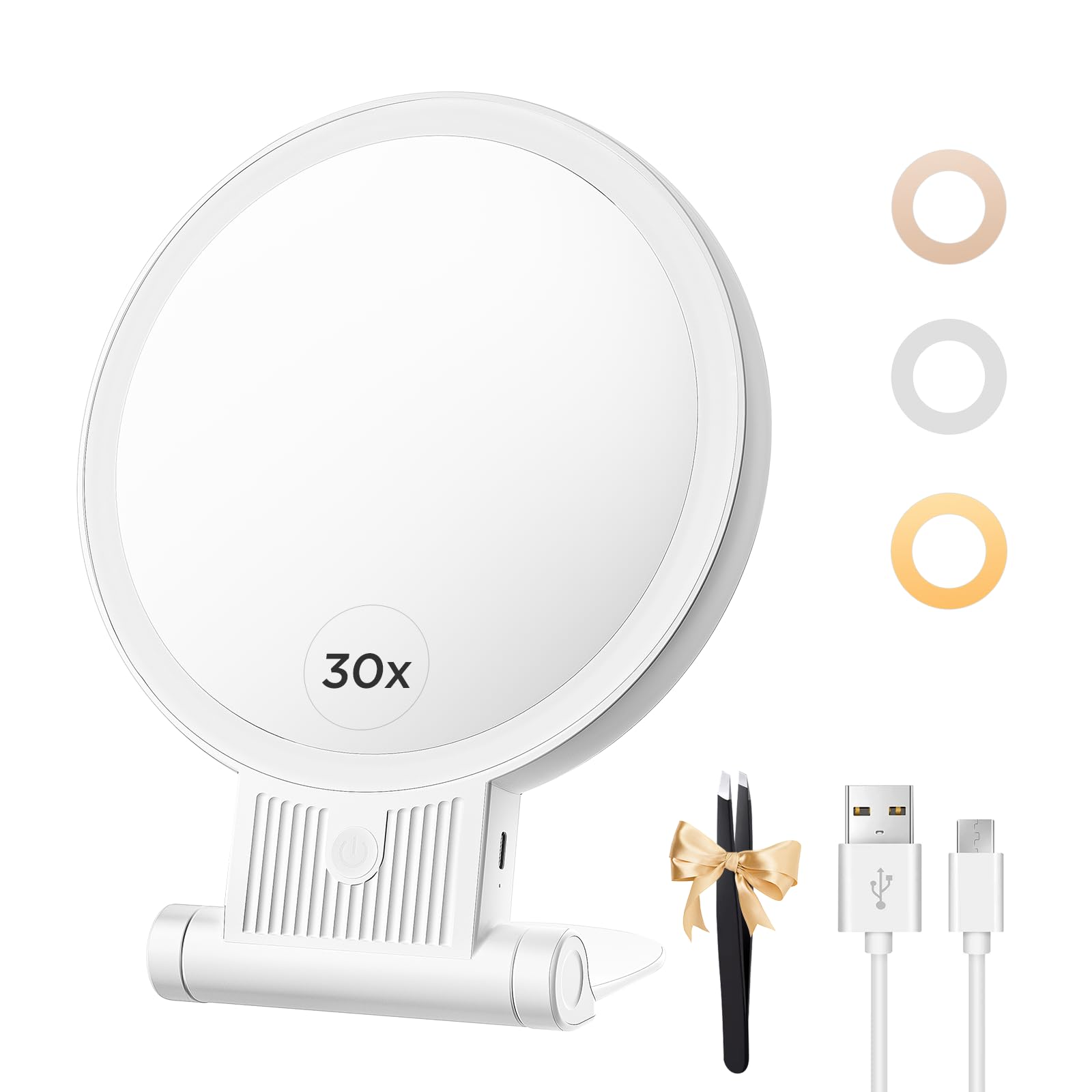 tubbede 1X/30X Lighted Makeup Mirror with Magnification, Double-Sided Switch, 3-Color Lights, 2000mAh Rechargeable, Adjustable B