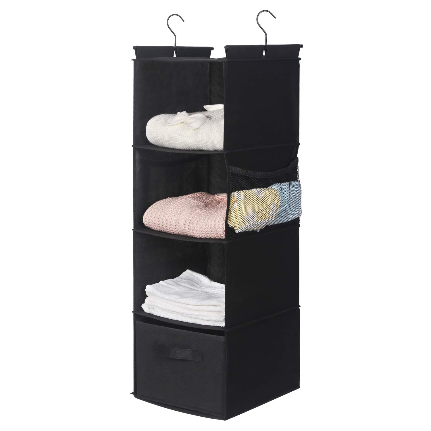 MAX Houser 4-Shelf Hanging Closet Organizer  Space Saver  Cloth Hanging Shelves with 2 Side Pockets  Foldable (Black)