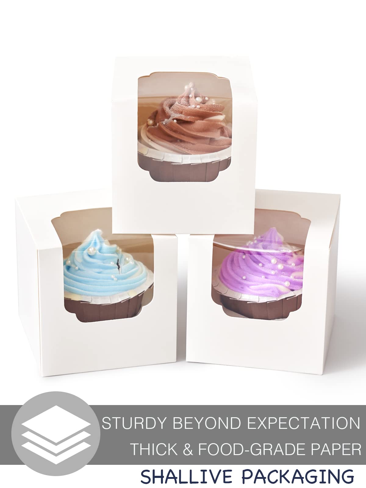 Shallive White Cupcake Boxes Individual 15 Count Pre-Assembled with Window and Inserts  Individual Cupcake Containers Auto-Popup for Wedding Baby Shower Mothers Day Birthday 3.5'' x 3.5'' x 3.5''