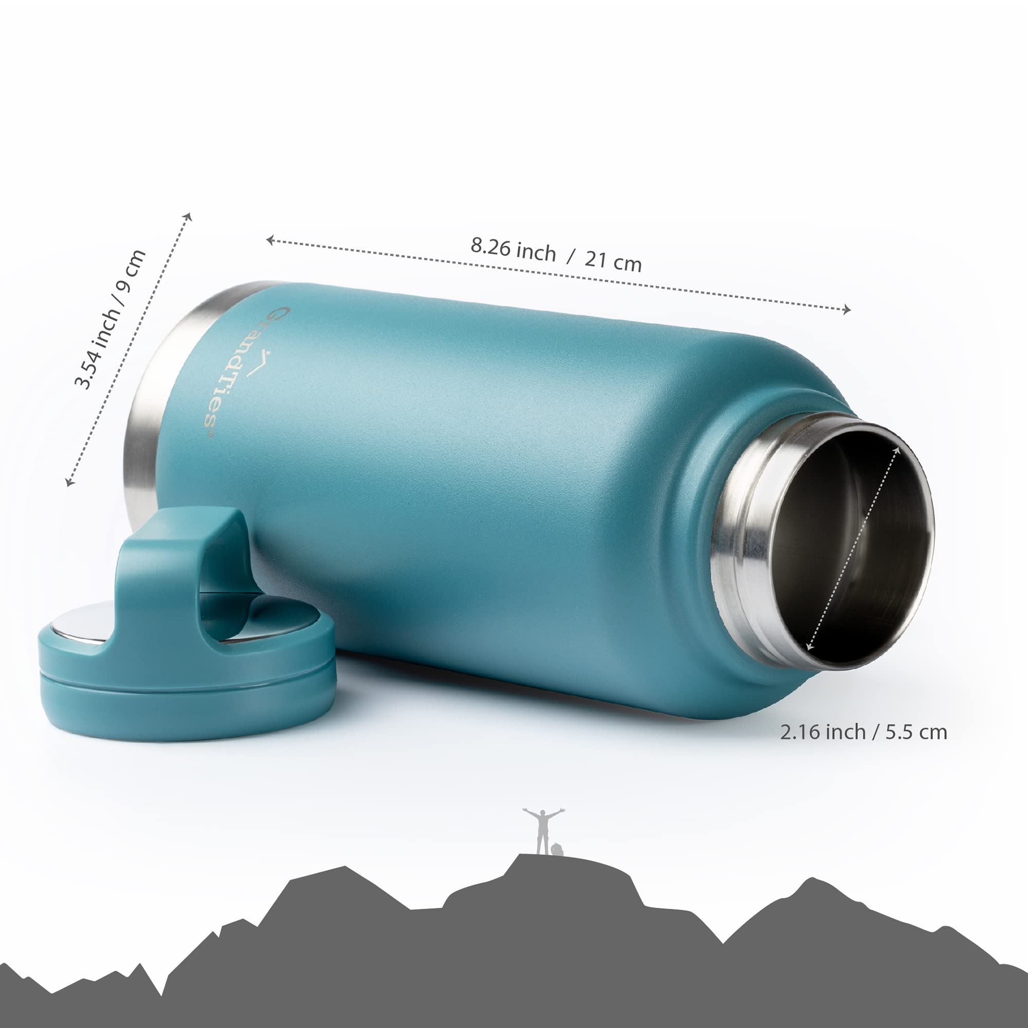 GrandTies 2 Lids Sports Stainless Steel Water Bottle- 32oz  Reusable Wide Mouth Vacuum Insulated Water Bottles  Travel Metal Canteen  Coldest Water bottle for Men and Women-Atlantis Blue