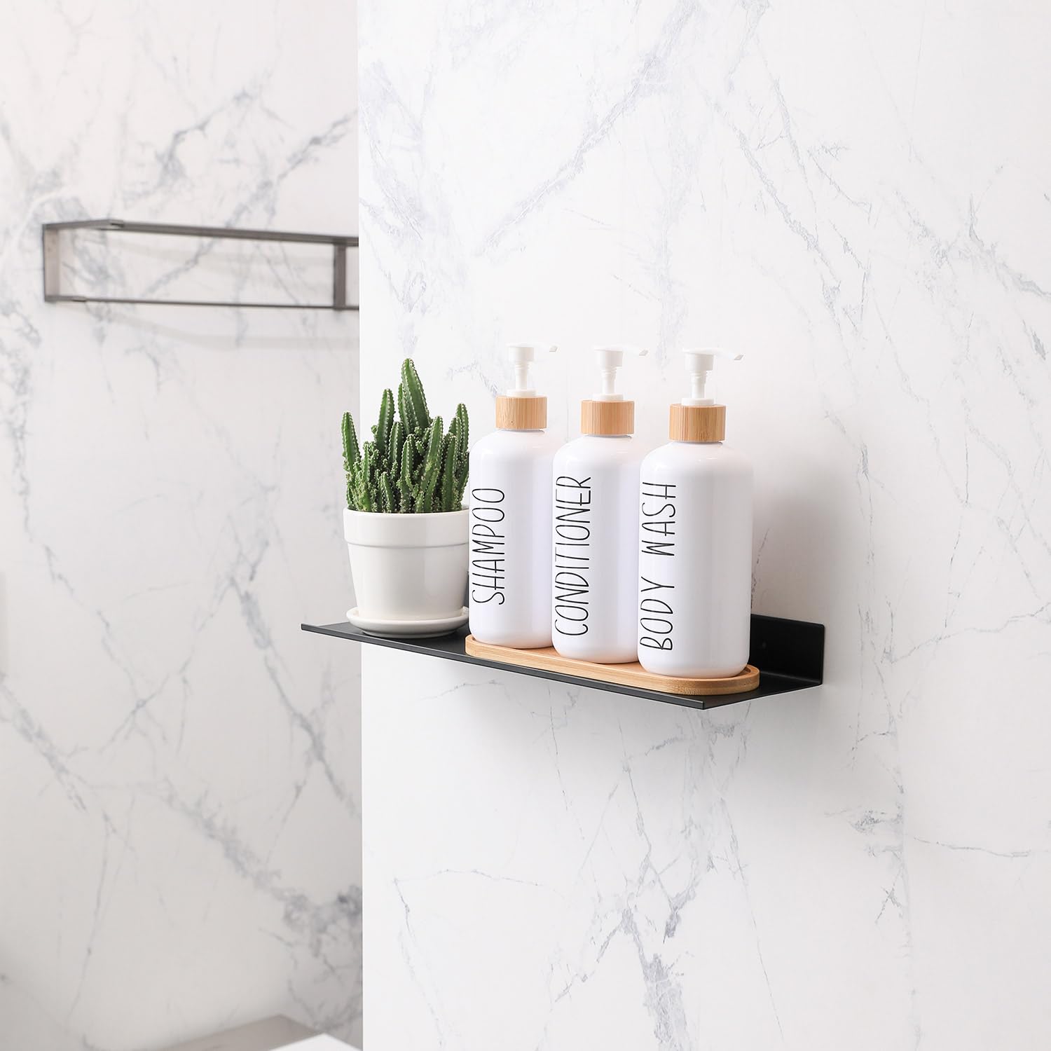 Momeemo White Shampoo And Conditioner Dispenser Set, Contains 3 Extra-Thick Pet Plastic Bottles, Refillable Shampoo And Conditio