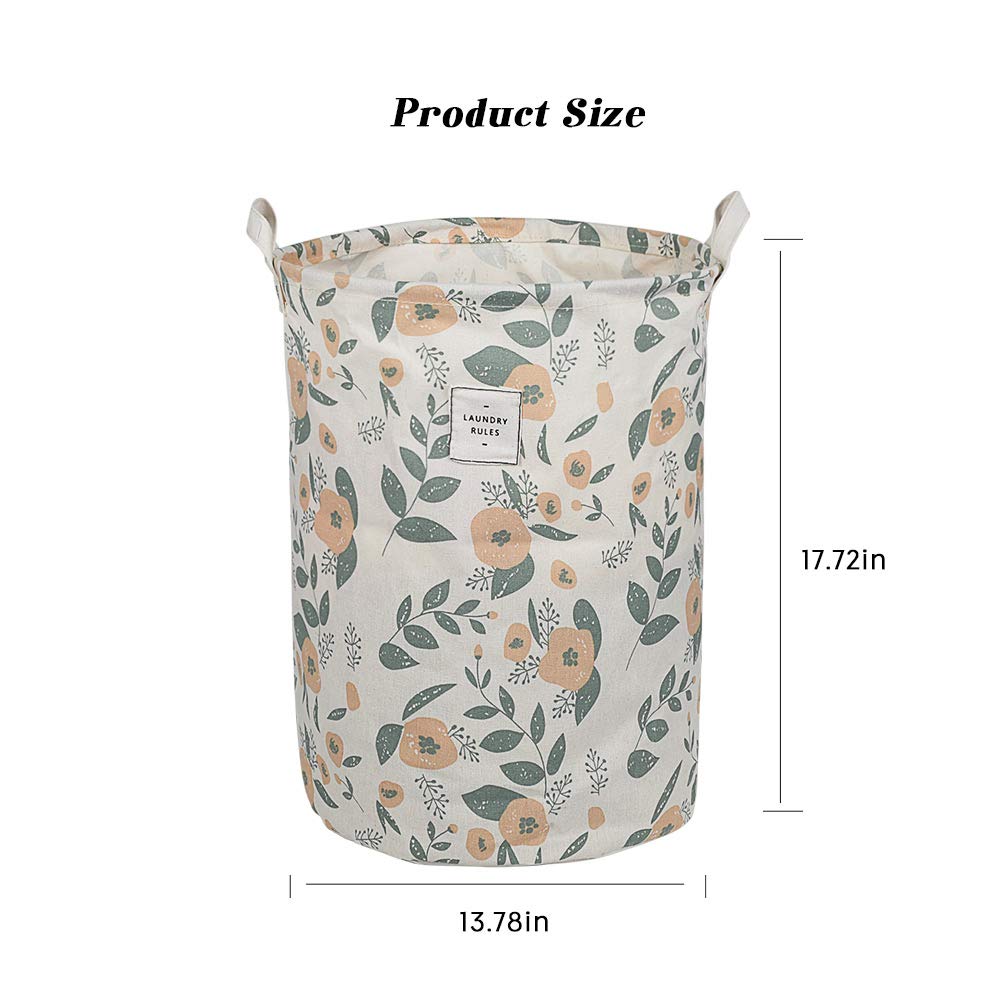 Uujoly Collapsible Laundry Hamper Basket, With Handles Waterproof Round Cotton Linen Printing Household Organizer Basket, 19.7X1