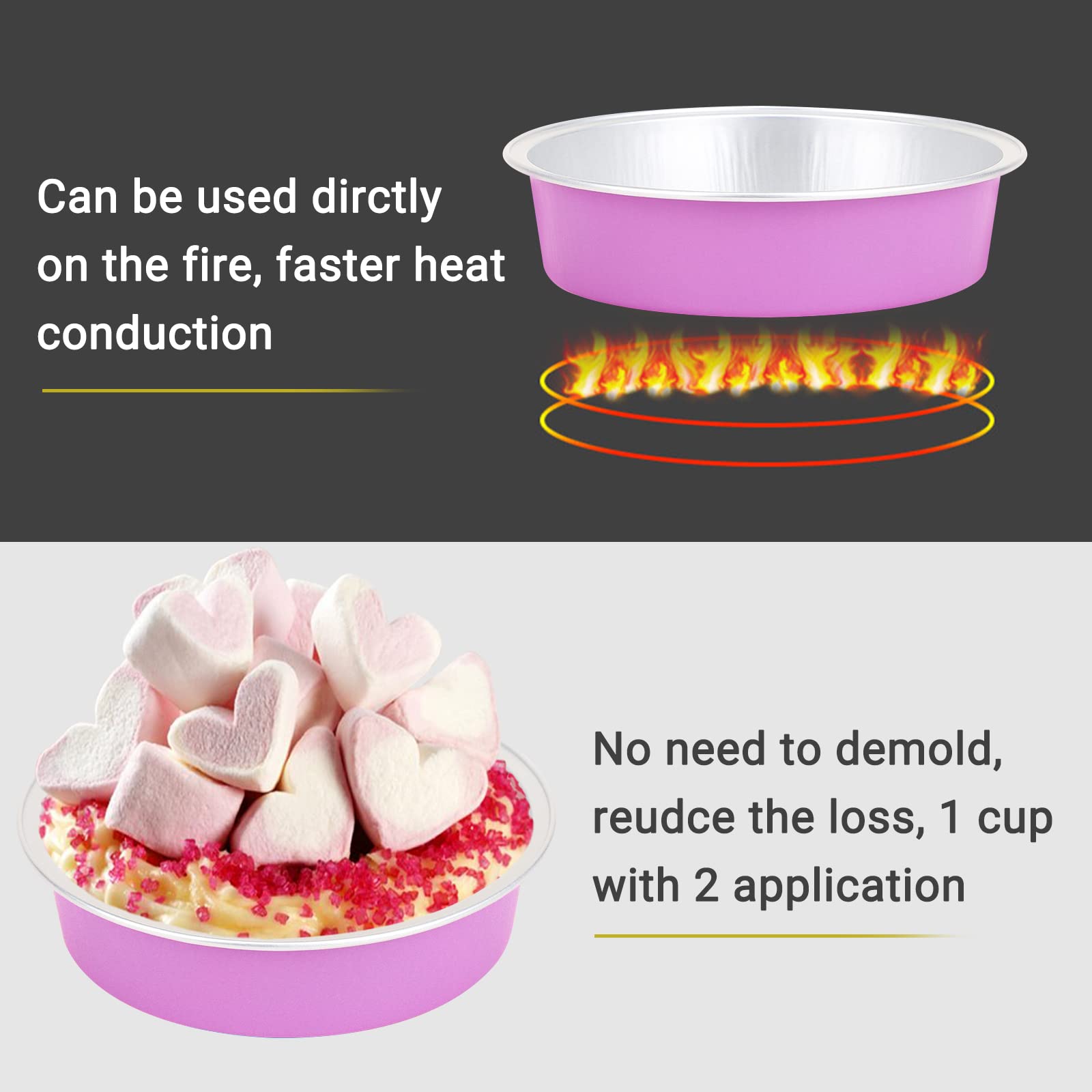 Beasea Disposable Mini Pans with Lids  100 Pack 4? 8oz Light Pink Aluminum Baking Foil Tins Round Small Tart Container for Individual Cupcake Dessert Muffin Ramekin Cheesecake Quiche Oven Dishes