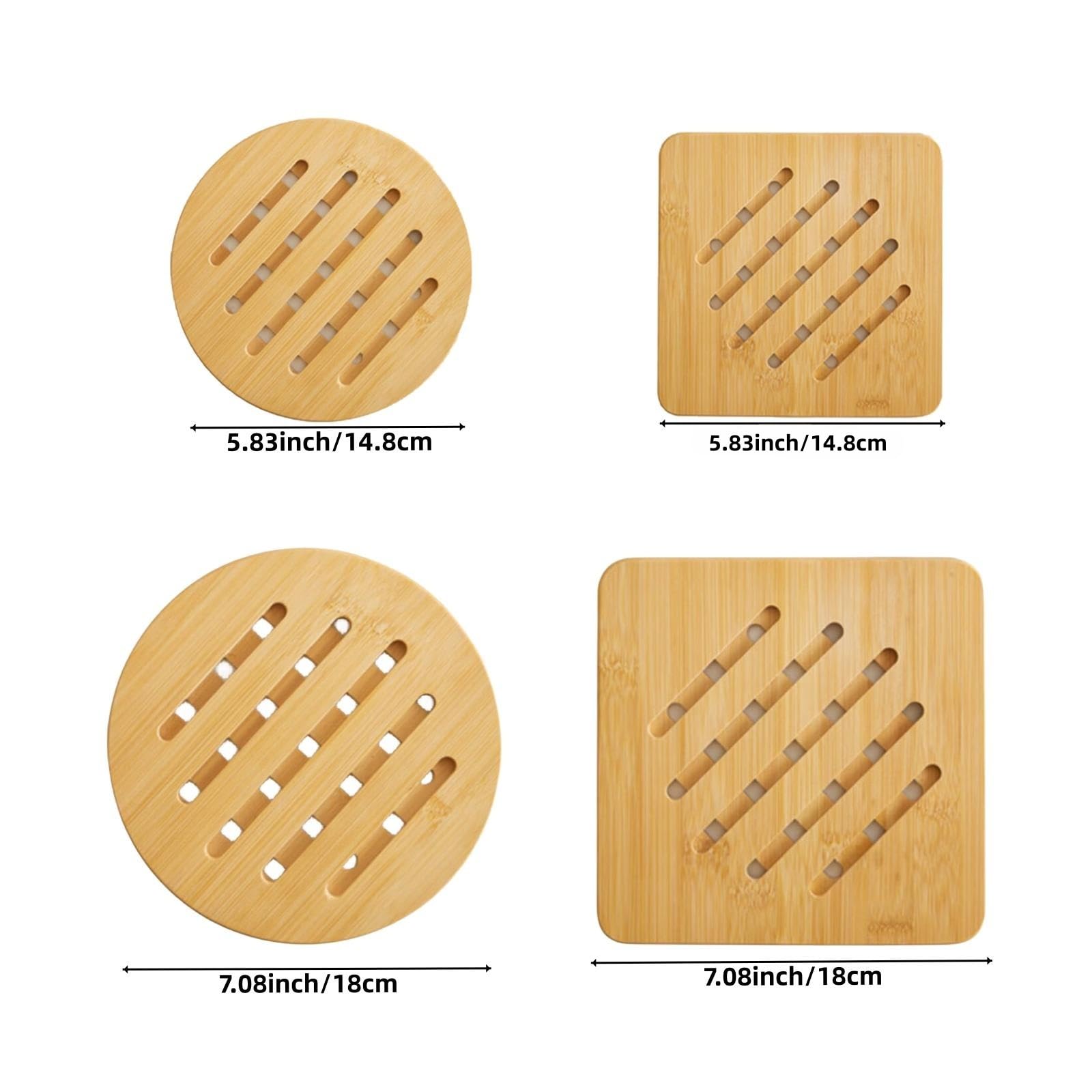 Alfto Bamboo Hot Pads Trivet Set - 4pcs (2 Square, 2 Round), Heat Resistant Non-Slip Pads for Dishes and Pots
