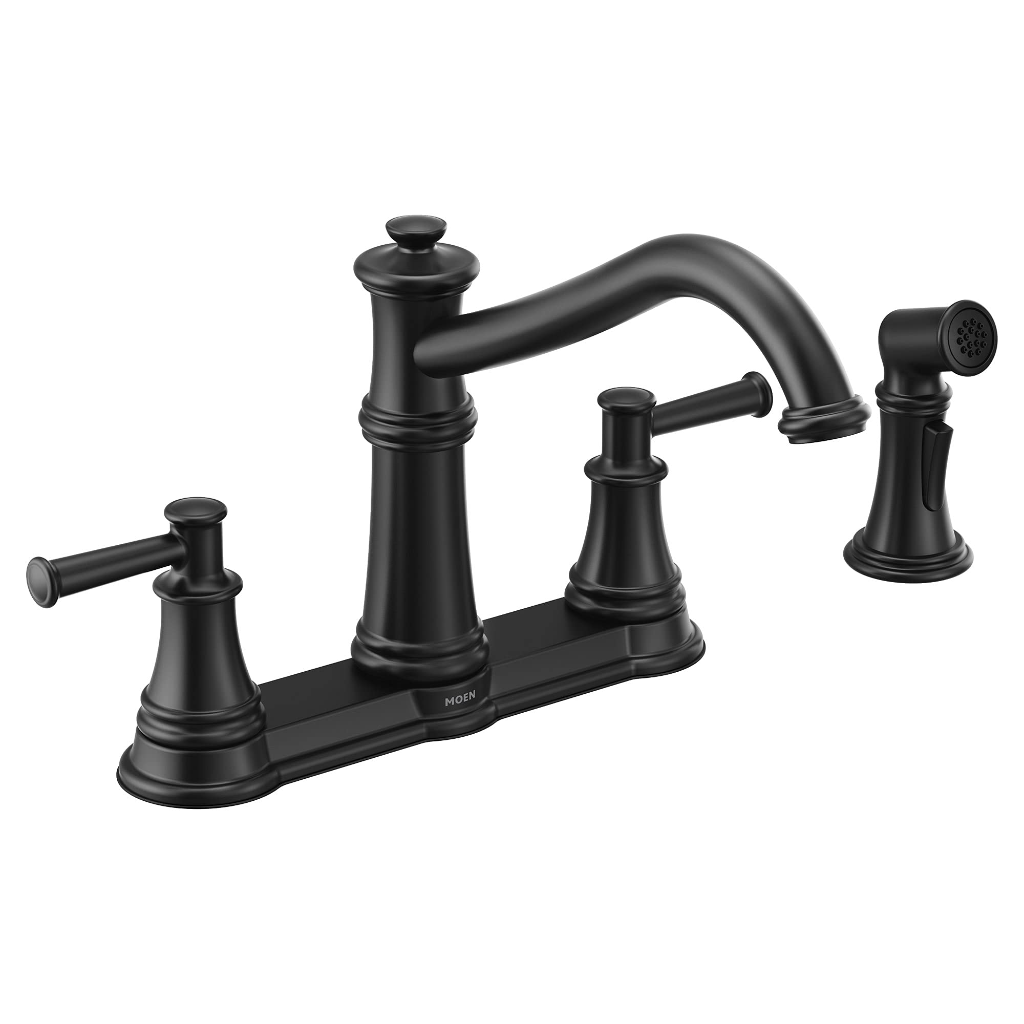 Moen 7255BL Belfield Traditional Two Handle High Arc Kitchen Faucet with Side Spray, Matte Black