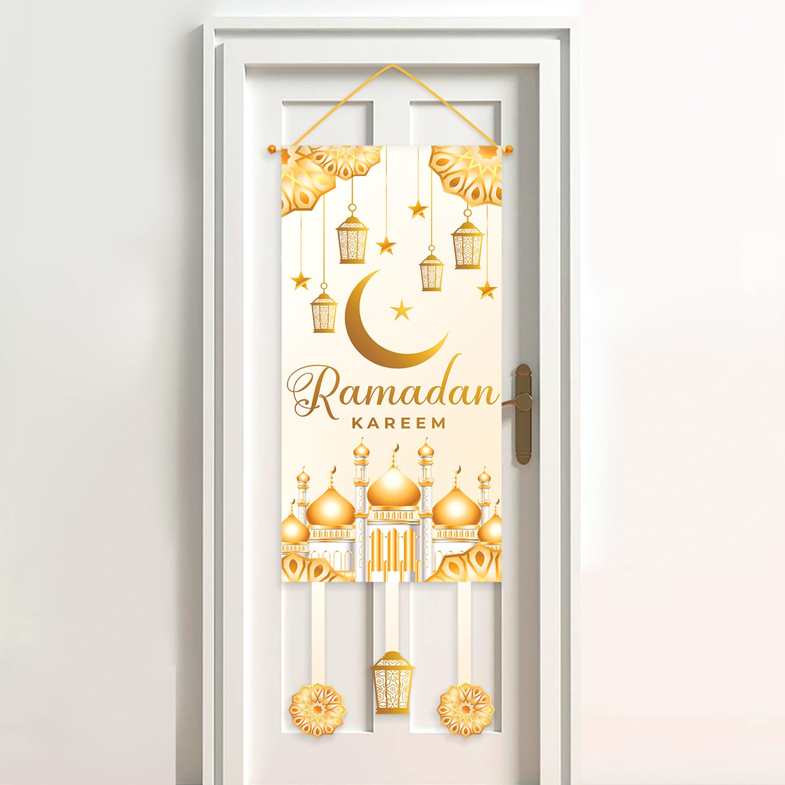 Eid Mubarak Ramadan Hanging Door Decoration-White Gold Moon Lantern Hanging Banner For Ramadan Decorations, 2024 Ramadan Decor E