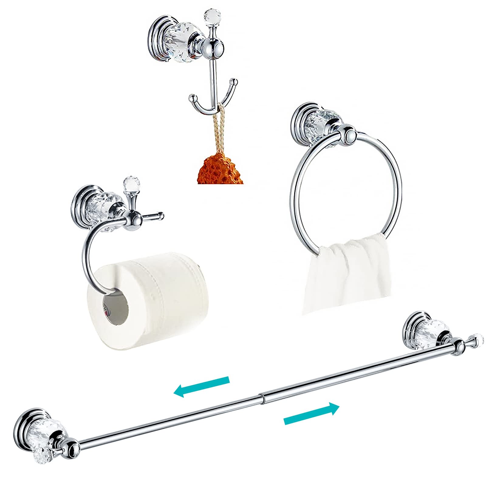 Wolibeer Crystal Bathroom Accessories, Chrome 24 Inch Towel Bar Set Polished Brass Toilet Paper Holder Towel Ring Coat Hooks Bat