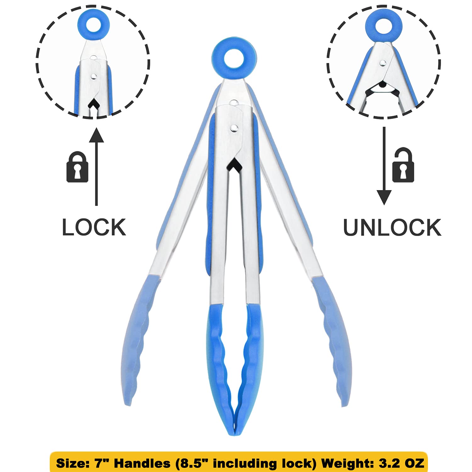 Hinmay Small Tongs With Silicone Tips 7-Inch Serving Tongs, Set Of 3 (Blue)