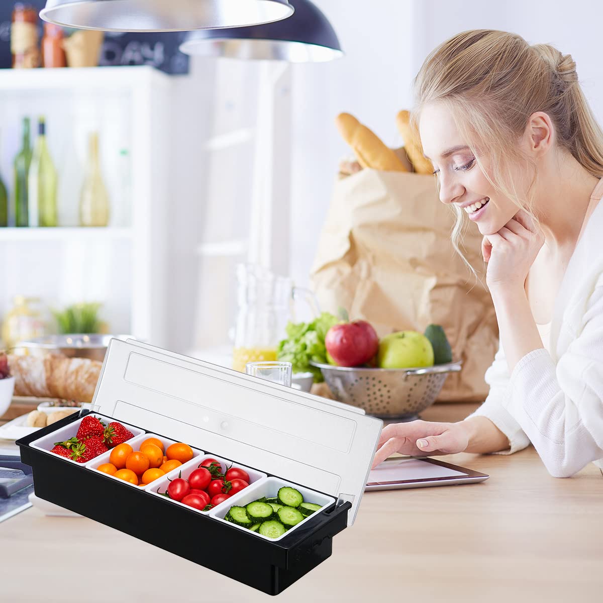 Mukeen Ice Cooled Condiment Serving Container-4 Compartment Chilled Garnish Tray Bar Caddy With Hinged Lid (4 Compartments)