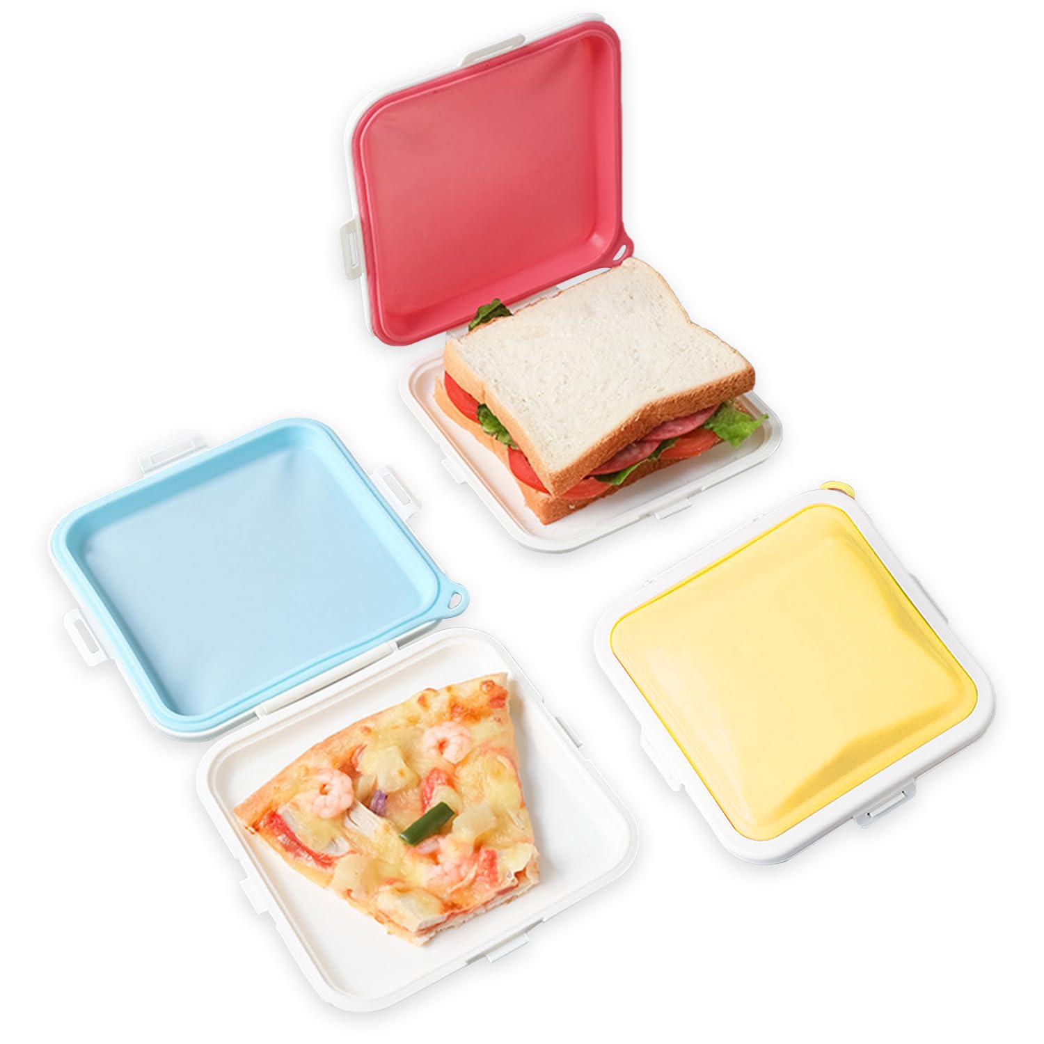 MdakeGo 3 Pack Sandwich Containers,3 Color Silicone Sandwich Storage with SnapOff,Sandwich Box for Lunch,BPA Free,Leakproof, Re