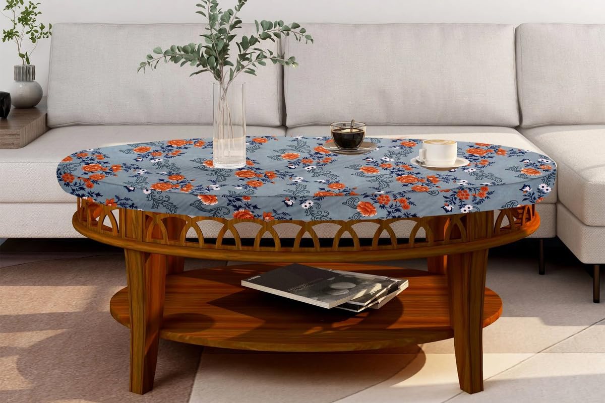 The Furnishing Tree Elastic Oval Center Table Cover WxL 30x48 in Inches Polyester Floral Pattern Blue