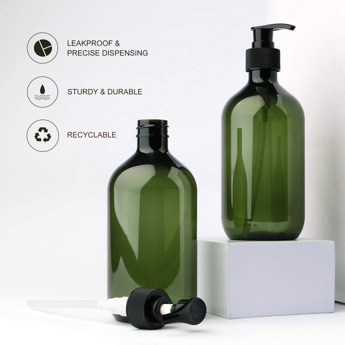 Yebeauty Pump Bottles  17oz/500ml Liquid Soap Pump Bottles Dispenser Large Empty Plastic Refillable Containers- 2 Pack Green