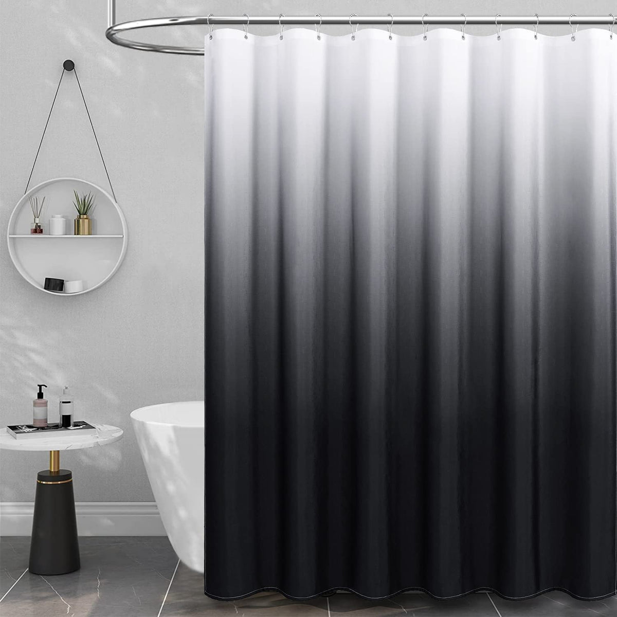 Bttn Black Fabric Shower Curtain, Ombre Linen Textured Weighted Cloth Shower Curtain Set With Plastic Hooks, Machine Washable, W