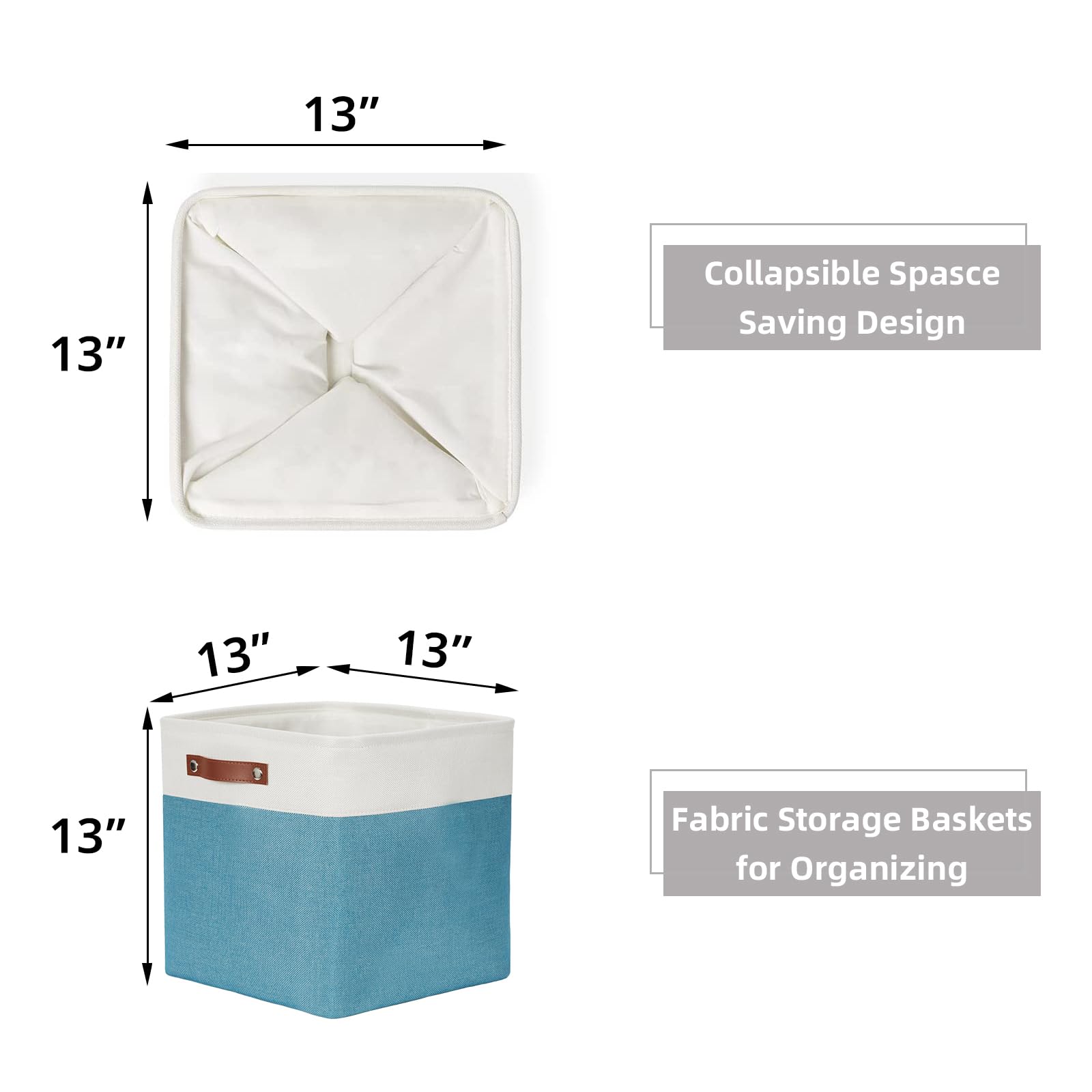 HNZIGE Fabric Storage Cubes Baskets 13 Inch Cube Storage Bins with Handles(4 Pack) Decorative Storage Baskets for Organizing Clothes  Toys  Closet  Nursery (Teal White)
