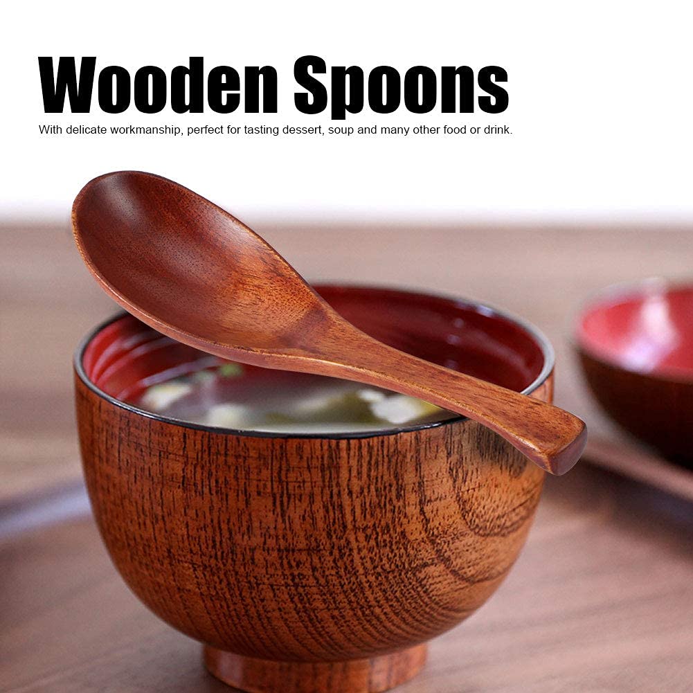 2Pcs Household Kitchen Wooden Soup Short Handle Spoon Ice Dessert Cooking Spoon Kitchen Dinner Tableware Cutlery